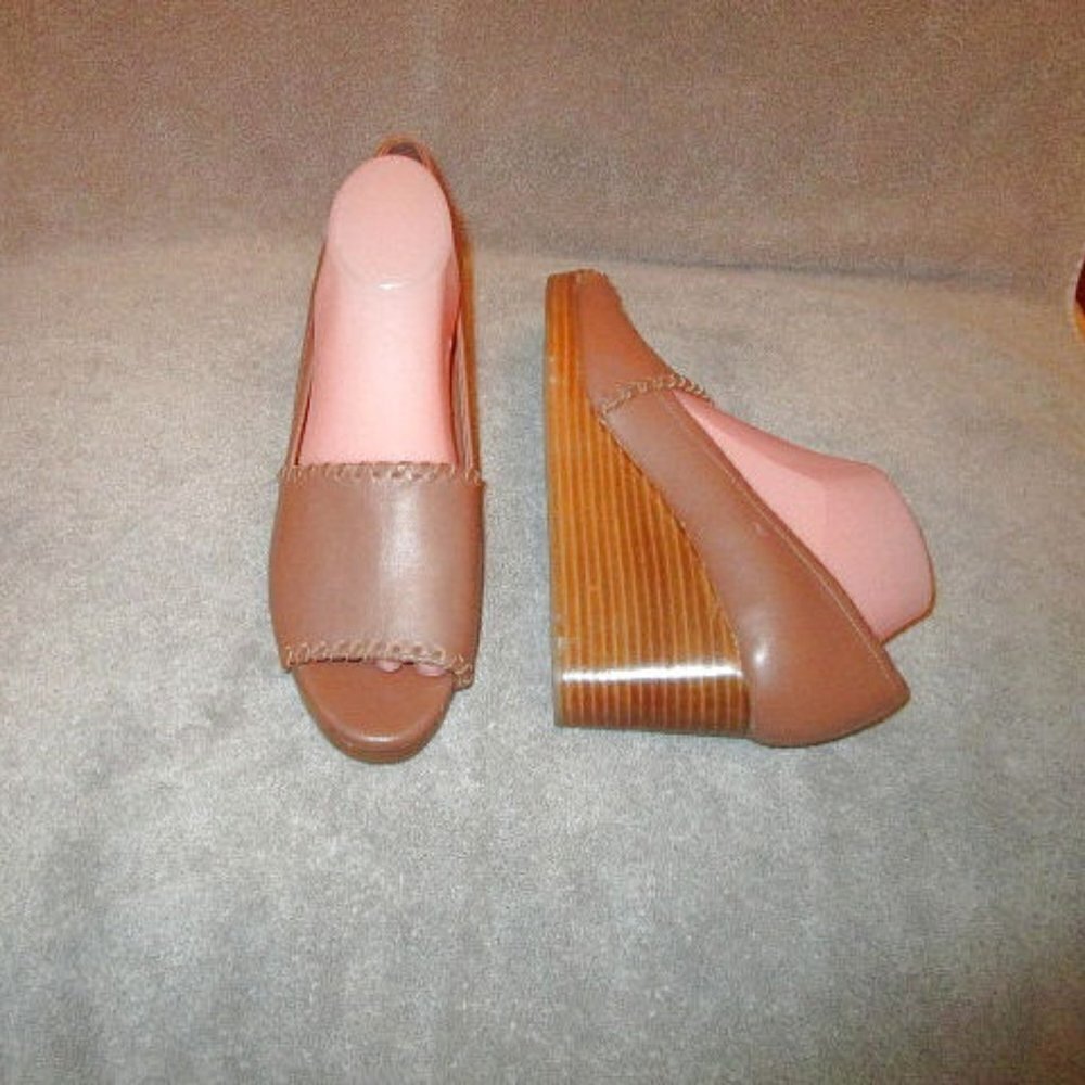 Jack Rogers Palmer Stacked Wedge Sandals Womens Size 10 Whipstitched Leather